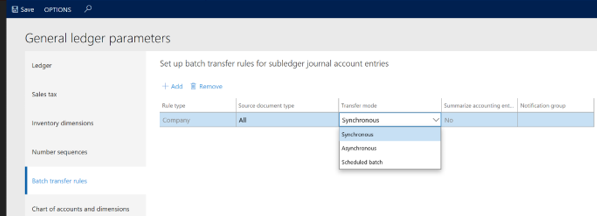 Screenshot of General ledger parameters.