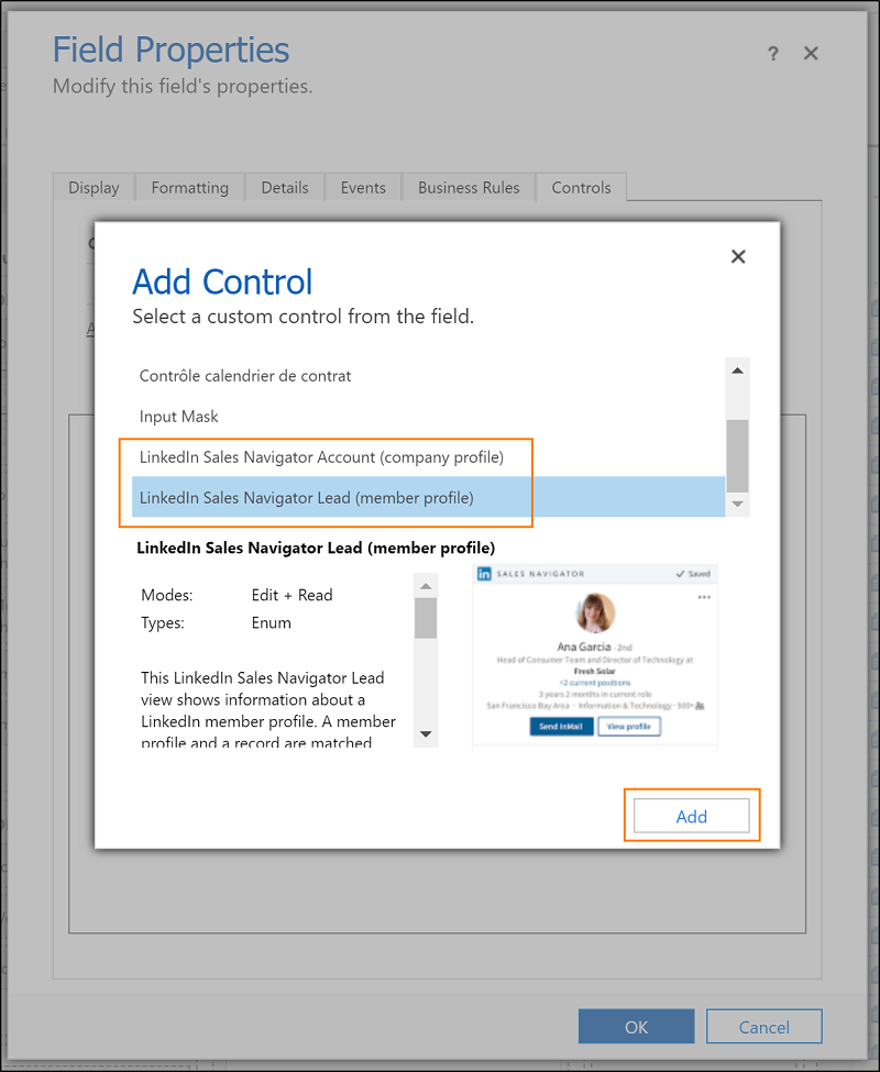 Caminho de cliques para adicionar um controlo do Sales Navigator Caminho de cliques para adicionar controlos do Sales Navigator.