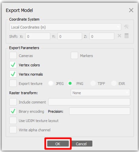 Exportar configurações do modelo.