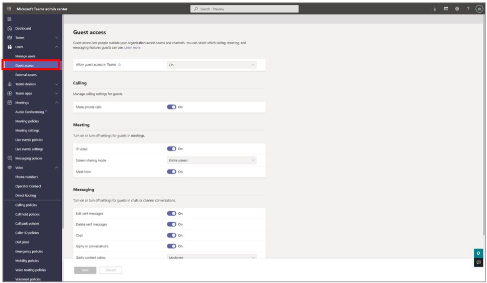 Captura de tela do Microsoft Teams centro de administração mostrando as configurações de acesso de convidados.