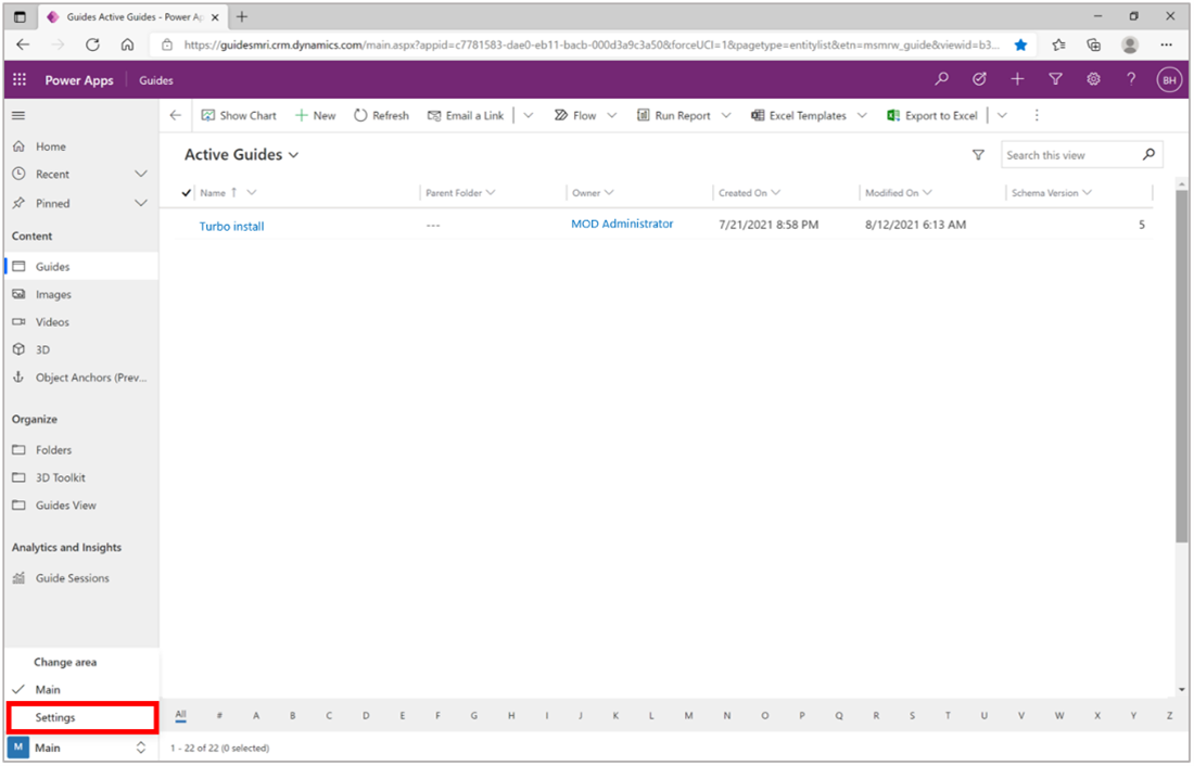 Captura de tela das configurações principais do Guides no Power Apps.