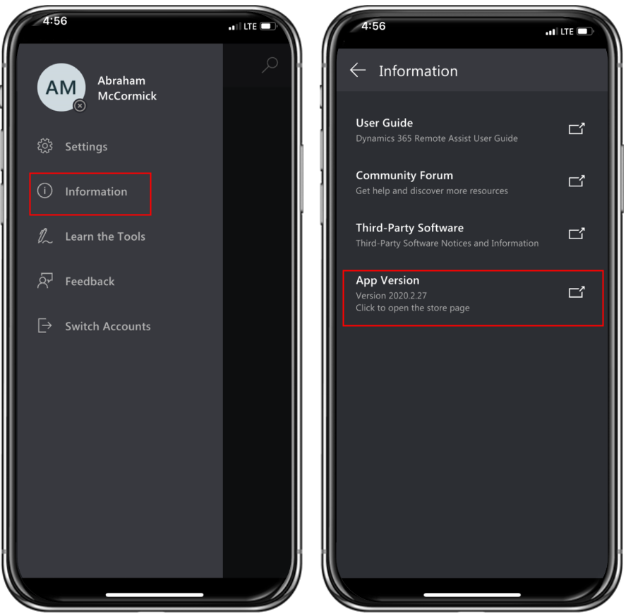 Captura de tela do Dynamics 365 Remote Assist em um dispositivo móvel, mostrando a opção de informações e a versão do aplicativo listada.