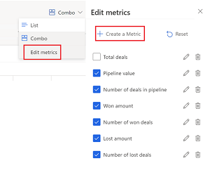 Captura de ecrã a ilustrar a opção Editar métricas no gestor de negócios e o painel lateral de Editar métricas com a opção Criar uma métrica e a lista de métricas.