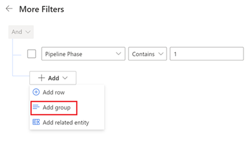 Captura de ecrã da opção Adicionar grupo no painel Mais filtros.