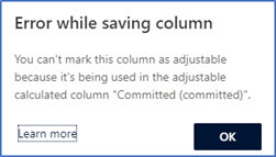 Mensagem de erro para uma coluna definida como ajustável depois de ter sido adicionada a uma fórmula.