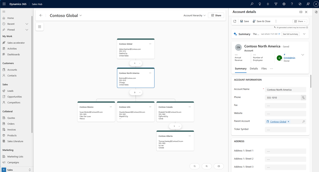 Captura de ecrã de uma hierarquia com painel de detalhes.