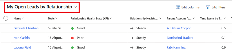 Captura de ecrã da vista As Minhas Oportunidades Potenciais Abertas por Relação para as suas oportunidades potenciais