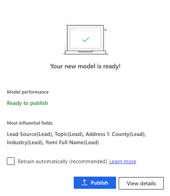 Captura de ecrã da mensagem de confirmação que aparece depois de o modelo de classificação estar preparado e pronto a ser publicado.