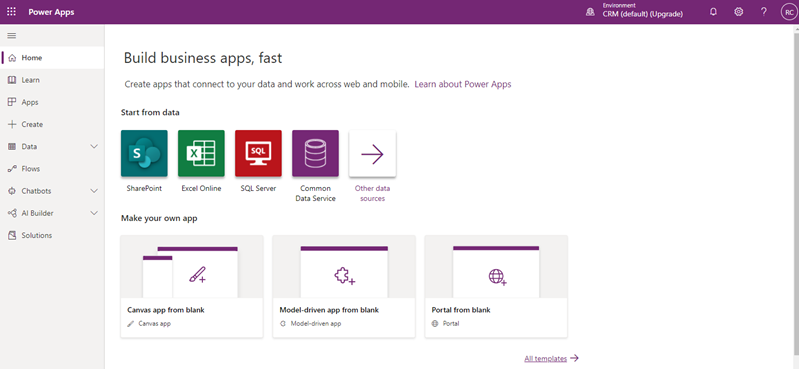 Home page do Power Apps