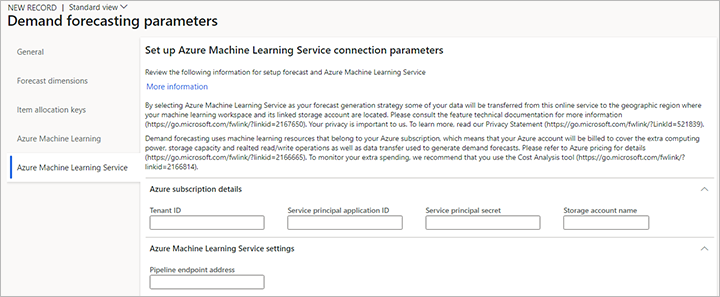 Parâmetros no separador Serviço Azure Machine Learning da página Parâmetros de previsão da procura.