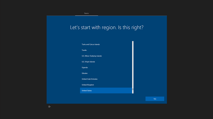 Captura de ecrã de exemplo do primeiro ecrã da configuração do PC windows 10 para OOBE. Os Estados Unidos estão selecionados como a região e o botão Sim está ativo.