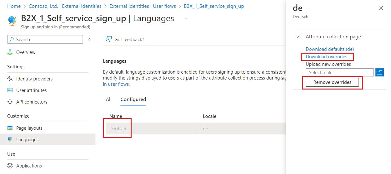 Captura de ecrã de substituições de linguagem configuradas com opções para descarregar ou remover o ficheiro JSON de substituição.