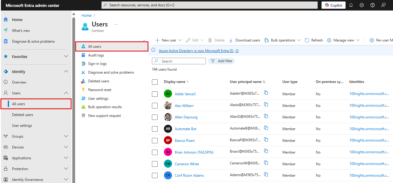 Captura de ecrã da página Todos os utilizadores no Microsoft Entra ID.