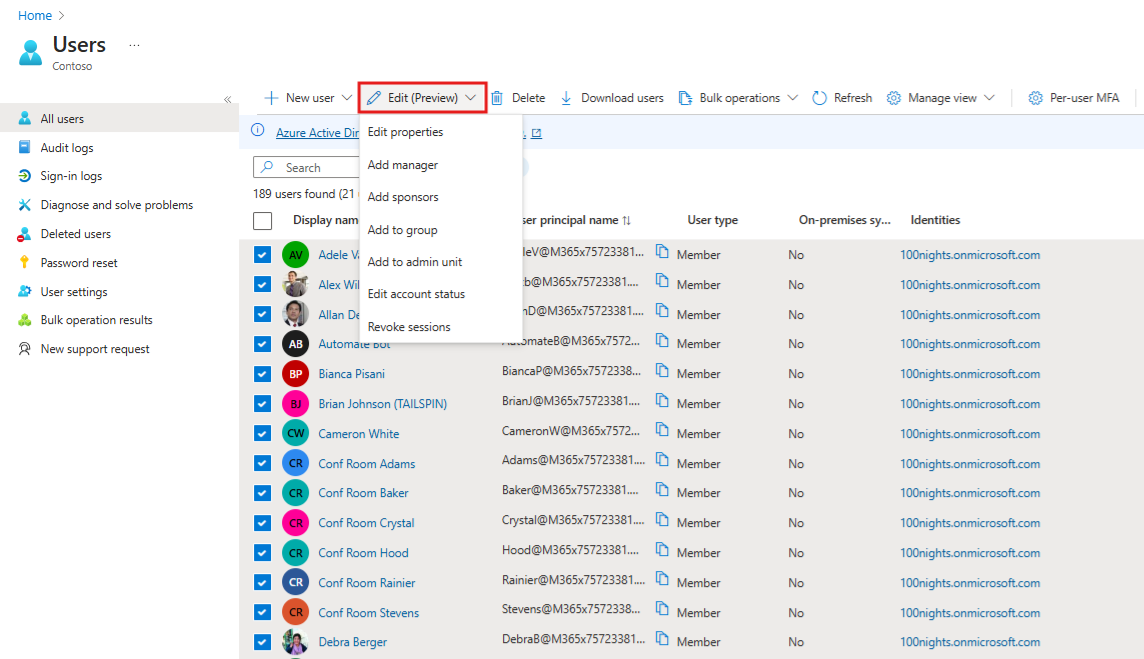 Captura de ecrã das várias opções de definições de utilizador no centro de administração do Microsoft Entra.