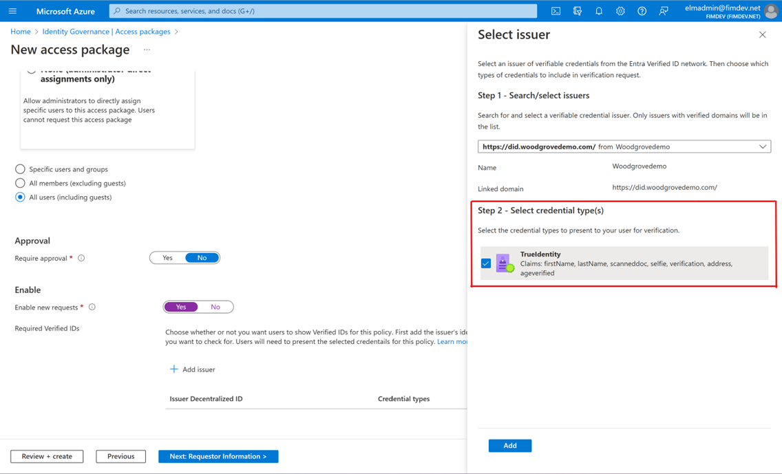 Captura de ecrã dos tipos de credenciais para Microsoft Entra Verified I D.