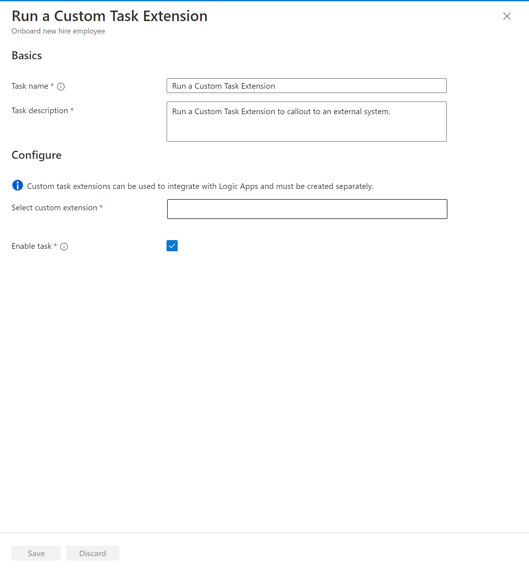 Captura de tela mostrando para adicionar uma extensão de tarefa personalizada ao fluxo de trabalho.