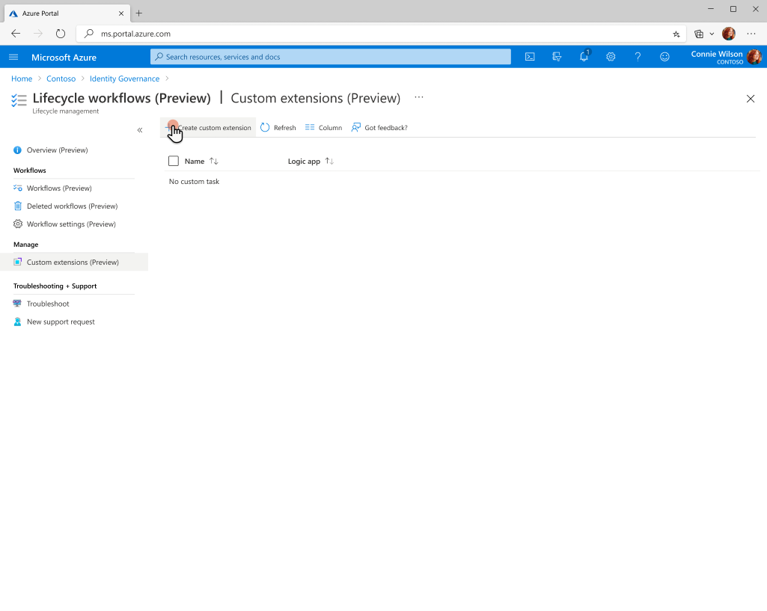 Captura de tela para criar uma seleção de extensão de tarefa personalizada.