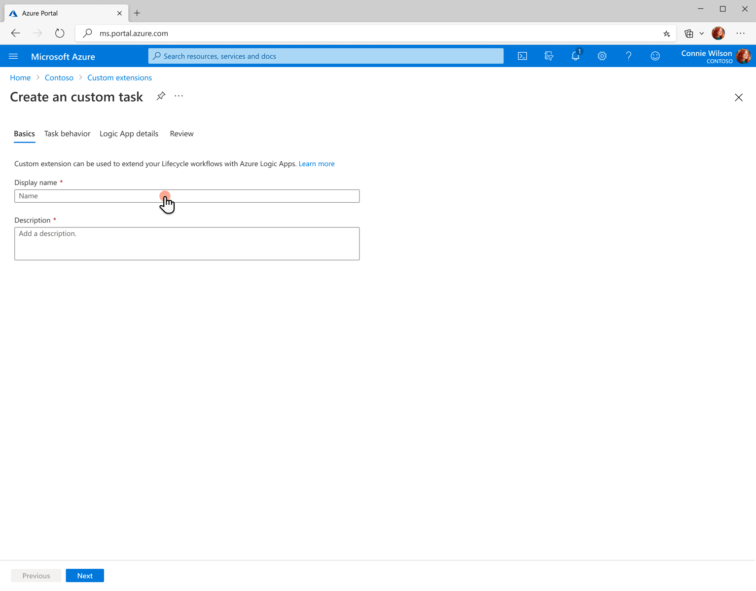 Captura de tela da seção noções básicas para criar uma extensão de tarefa personalizada.