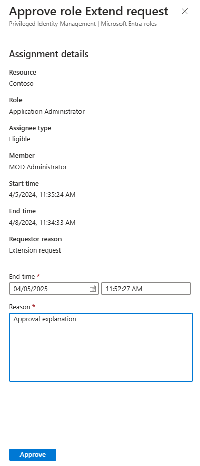 Captura de tela mostrando a solicitação de atribuição de função Aprovar com o motivo do solicitante, o tipo de atribuição, a hora de início, a hora de término e o motivo.