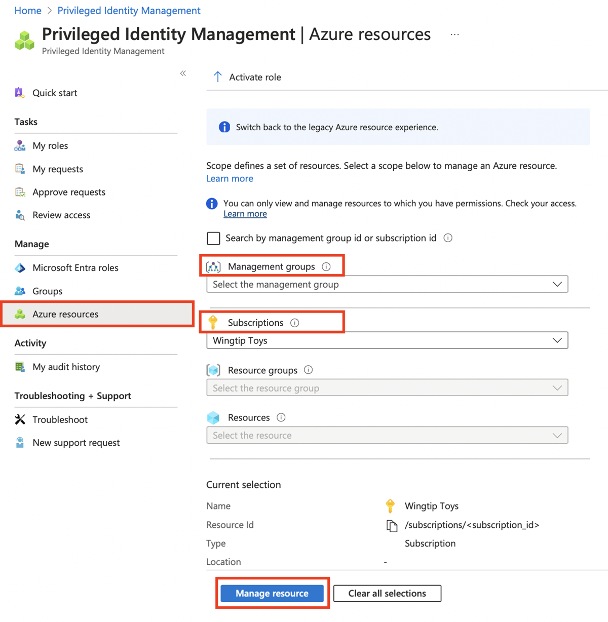 Screenshot that shows the list of Azure resources discovered in Privileged Identity Management.