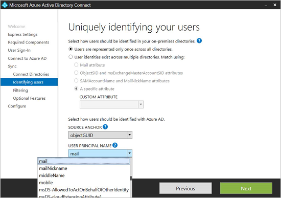 Captura de ecrã Identificar utilizadores - Lista pendente Nome Principal do Utilizador