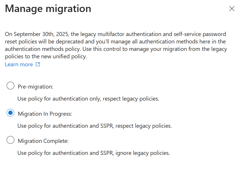 Captura de ecrã das opções de migração.