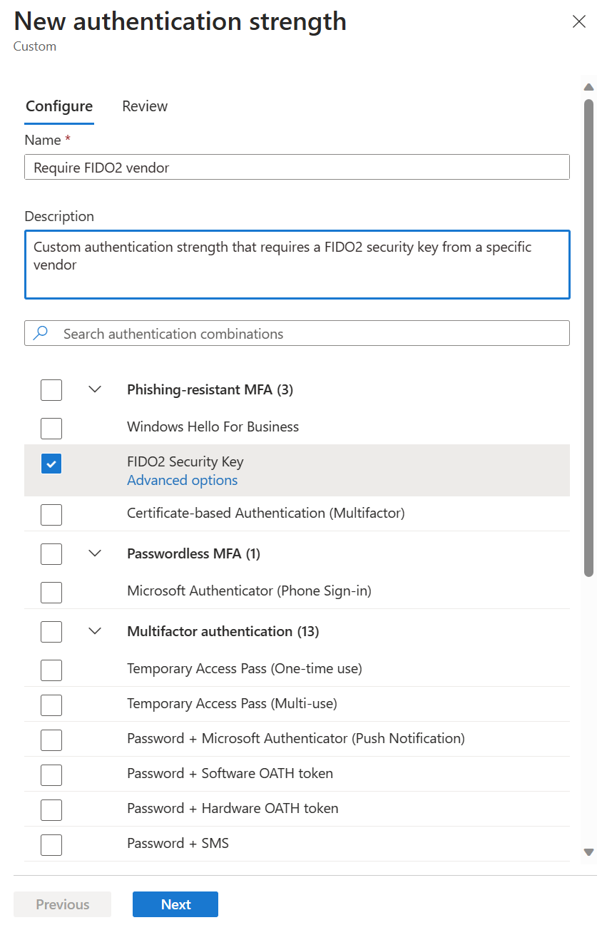 Screenshot showing Advanced options for FIDO2 security key.
