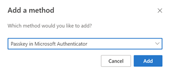 Captura de ecrã de como adicionar uma chave de acesso no Microsoft Authenticator como um método de início de sessão.