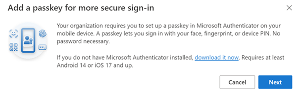 Captura de tela que notifica o usuário de que sua organização exige que ele adicione uma chave de acesso.
