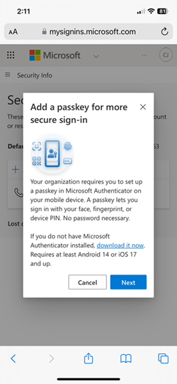 Captura de ecrã da opção de transferir aplicações no Microsoft Authenticator para dispositivos iOS.