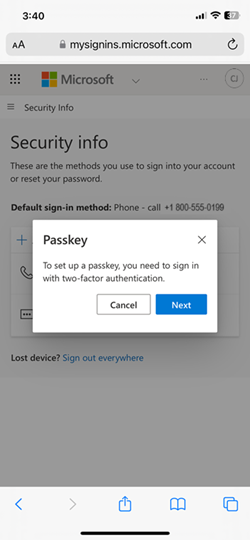 Captura de tela do requisito de autenticação de dois fatores para configurar uma chave de acesso.