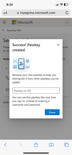 Captura de tela da criação bem-sucedida de uma chave de acesso no Microsoft Authenticator para dispositivos iOS.