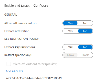 Screenshot das opções de chave de segurança FIDO2.