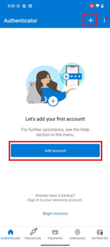 Captura de tela de como se registrar usando o Microsoft Authenticator para dispositivos Android.