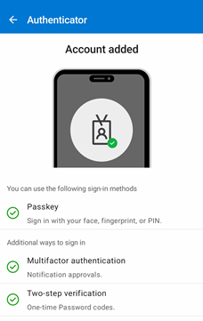 Captura de ecrã de Utilizar Palavras-passe e Chaves de Acesso a partir da utilização do Microsoft Authenticator para dispositivos Android.