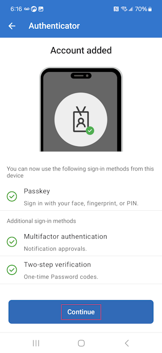 Captura de ecrã de Utilizar Palavras-passe e Chaves de Acesso a partir da utilização do Microsoft Authenticator para dispositivos Android.