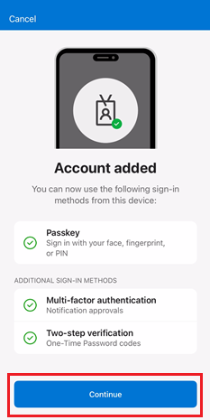 Captura de ecrã a mostrar a configuração de chave de acesso, sem palavra-passe e/ou MFA para iniciar sessão utilizando o Microsoft Authenticator para dispositivos iOS.