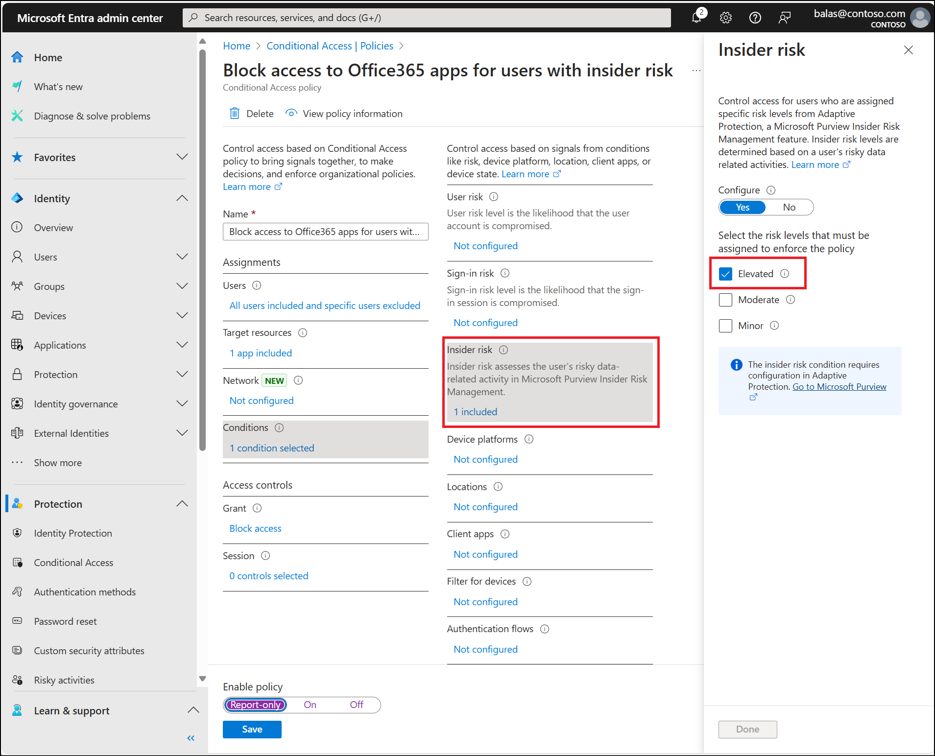 Screenshot of an example Conditional Access policy using insider risk as a condition.