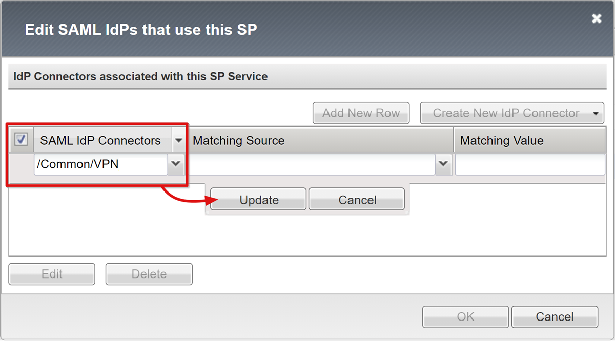 Captura de ecrã da opção SAML IdP Connectors na página Editar SAML IdP.