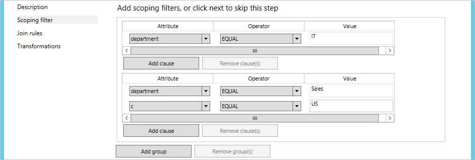 Uma captura de tela mostrando um exemplo de adição de filtros de escopo.