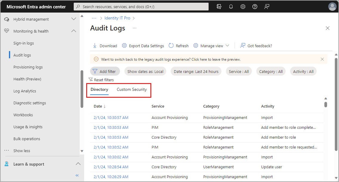 Screenshot of the audit logs, with the Directory and Custom Security tabs highlighted.