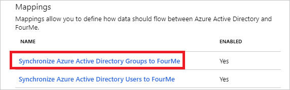 Captura de ecrã da página Mapeamentos. Em Nome, Sincronizar grupos do Microsoft Entra com o FourMe é realçado.