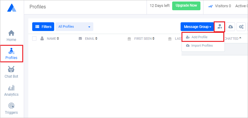 Captura de ecrã que realça Perfis no menu do lado esquerdo do ecrã, bem como a opção Adicionar Perfil.