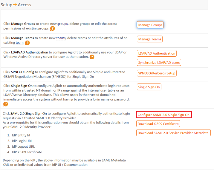 Screenshot that highlights the Configure SAML 2.0 Single Sign-On button.