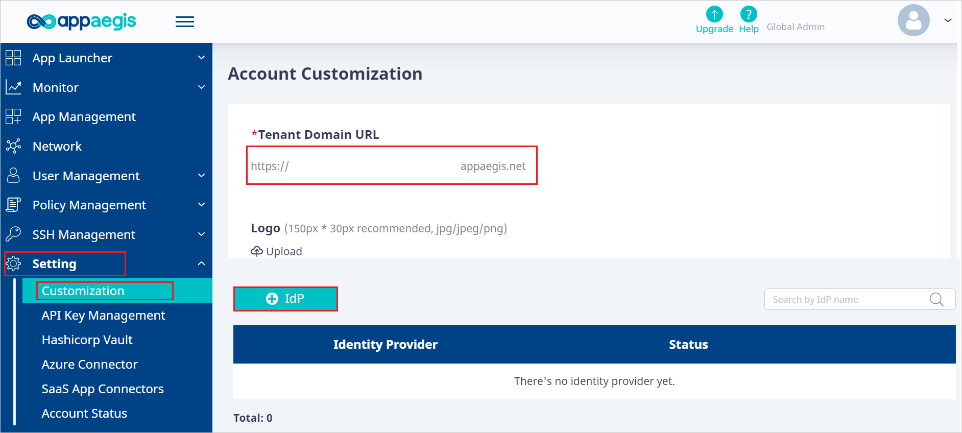 Account Customization Screenshot shows the Account Customization.