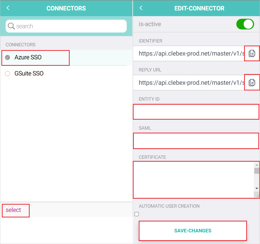 Captura de tela para selecionar conectores e configuração.