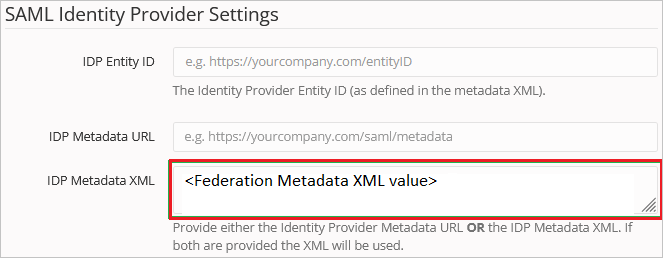 A captura de tela mostra o XML de metadados do IDP.