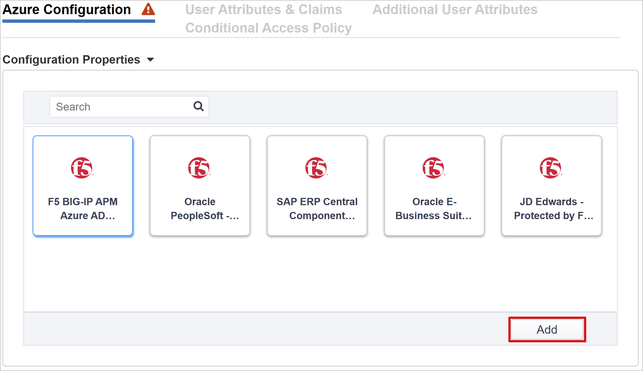 Captura de tela para a configuração do Azure adicionar aplicativo BIG-IP.