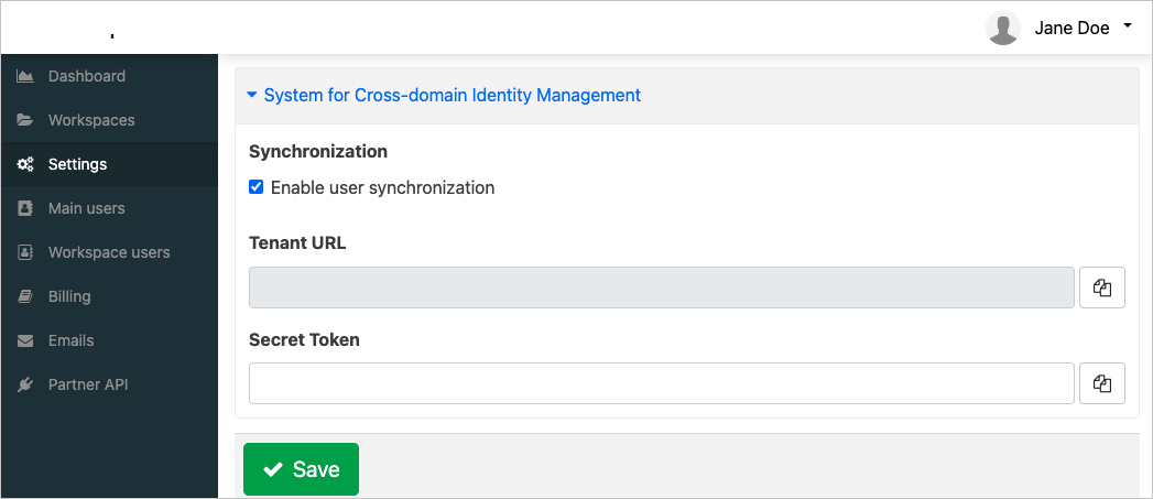 Captura de ecrã da secção System for Cross-domain Identity Management na lista de definições.
