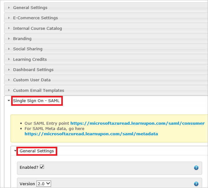 Screenshot shows Single Sign On - SAML selected with General Settings selected.